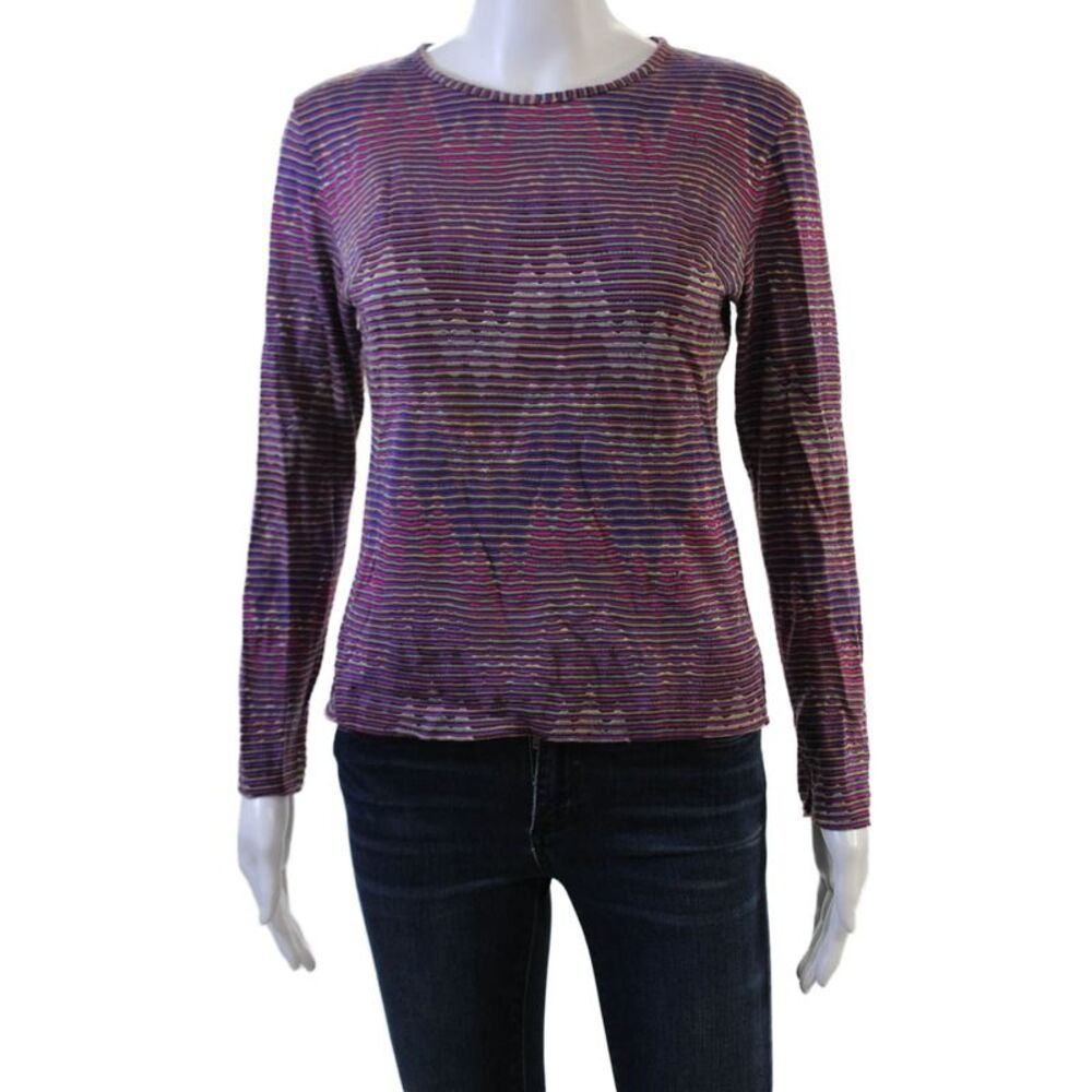 Missoni Sport Women Striped Jersey Crew Neck Long Sleeve Top Blue Size M